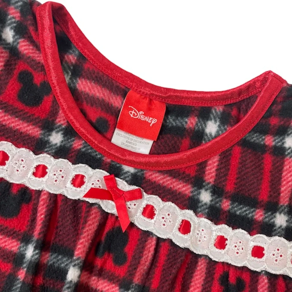 Disney Nightgown Lace Trim Bow Nightshirt Mickey Mouse Buffalo Plaid Tartan Red